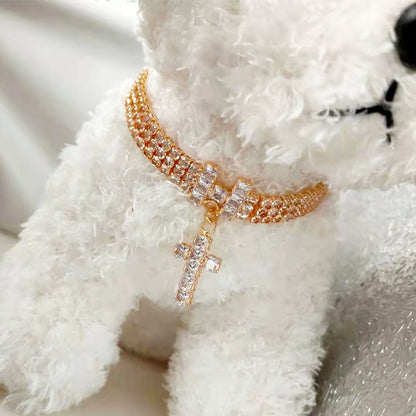 Beldoca™ Sparkling Rhinestone Pet Necklace – Luxury Zircon Cross Pendant Collar for Small Dogs and Cats