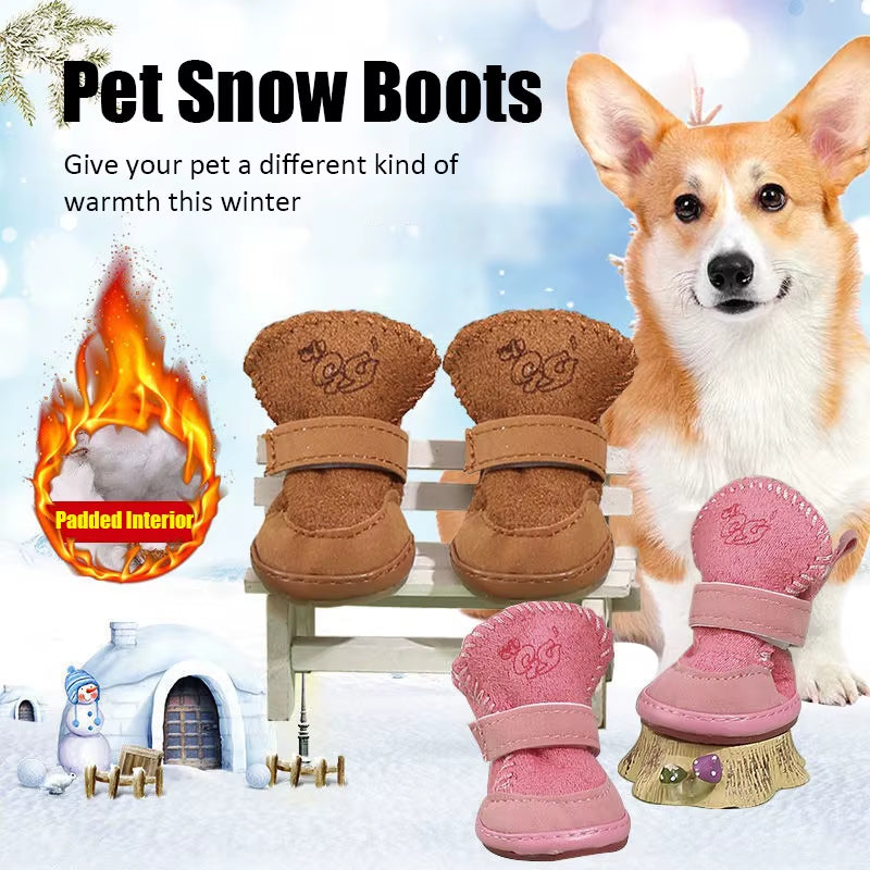 Soft Plush Winter Dog Boots – Washable Non-Slip Pet Snow Shoes for Small Dogs & Cats (Set of 4)